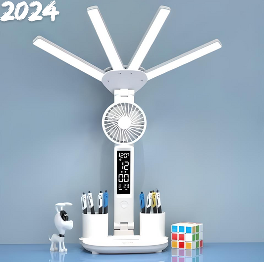 Multifunctionele USB LED Studielamp met Ventilator, Kalender, 3-standen Touch Nachtlampje en Pennenhouder